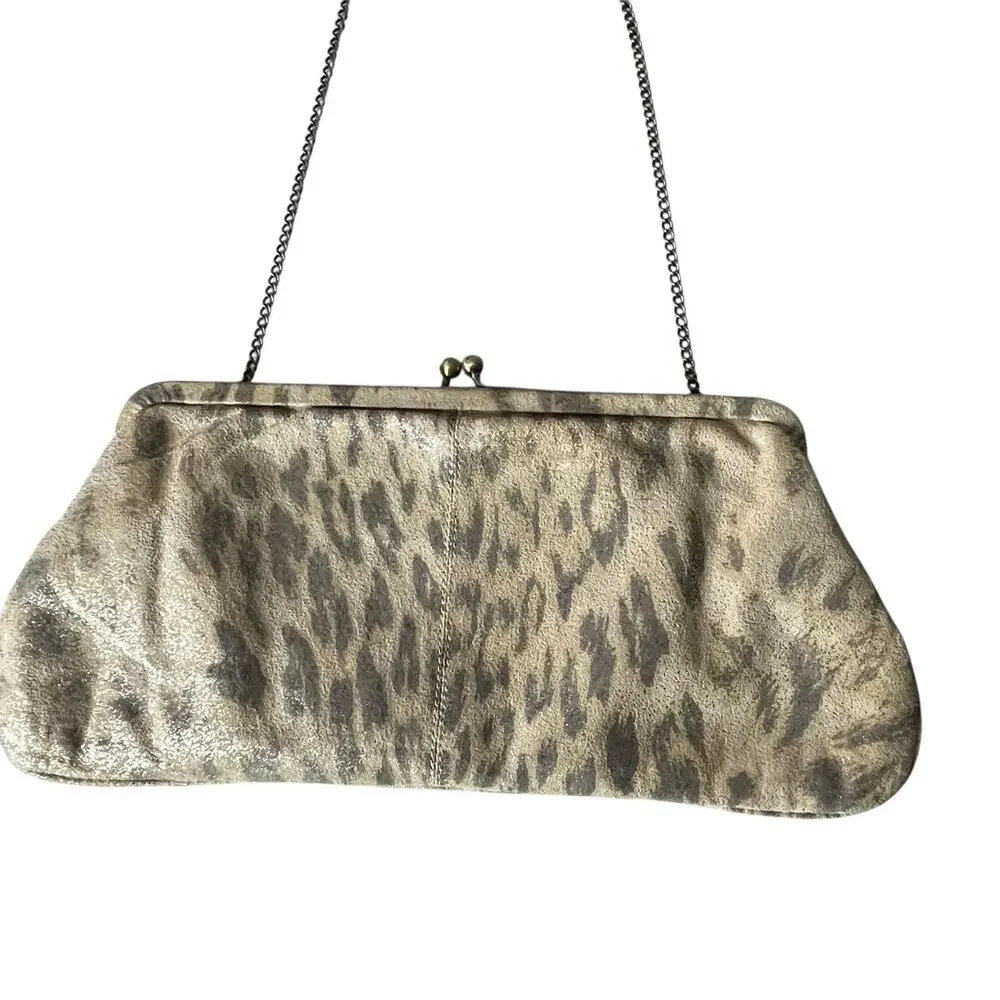 Hobo International Vtg. Frame Bag Clutch Chain Kiss Lock Leopard Print Tan Gold